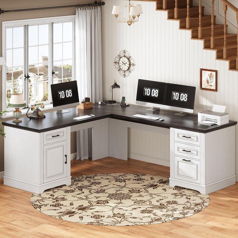 Beyaz Masif Ahşap ve Endüstriyel Ahşap L Şekilli Çekmeceli Prizli Bilgisayar masası-176x150x75 cm - 116784