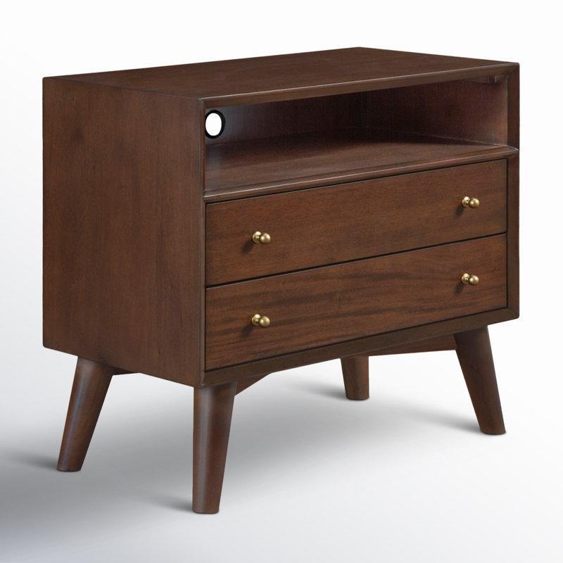 Beyaz Masif Ahşap ve MDF 2 Çekmeceli Raflı Kablo Yönetimli Komodin - 72x67 cm - 127472