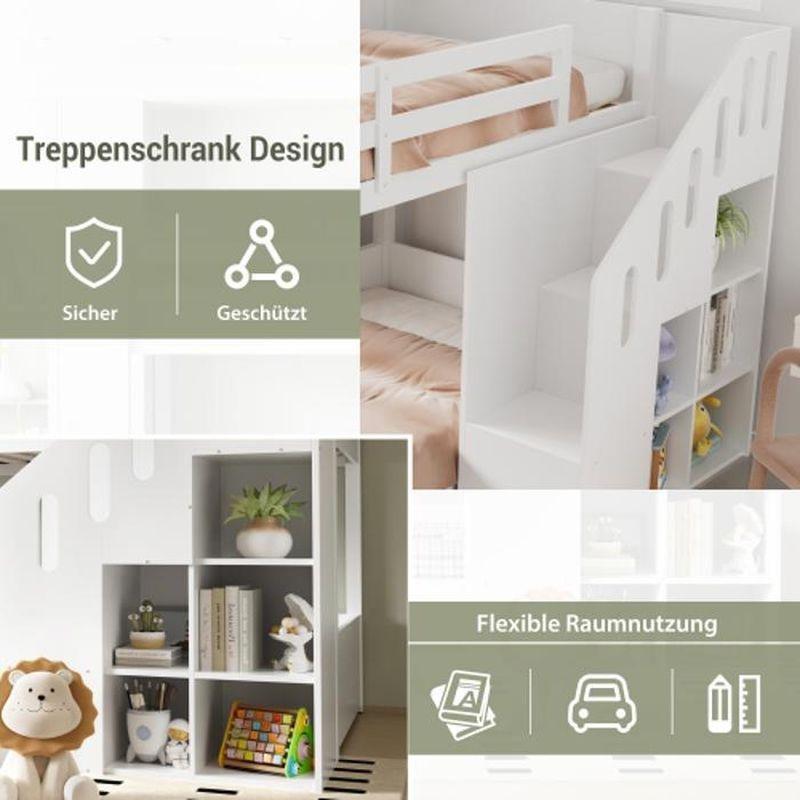 Beyaz Masif Ahşap ve MDF Merdivenli Raflı Çocuk Odası Ranza - 90x200 cm - 125647