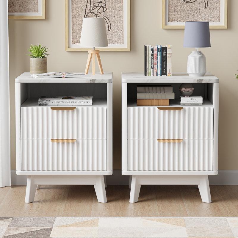 Beyaz Masif Ahşap ve Mermer Desenli Üst Tablalı 2'li Set Mermer Komodin - 46x46x61 cm - 127975