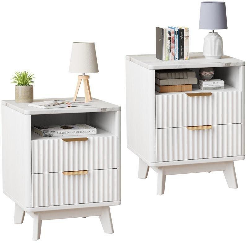 Beyaz Masif Ahşap ve Mermer Desenli Üst Tablalı 2%27li Set Mermer Komodin - 46x46x61 cm - 127975