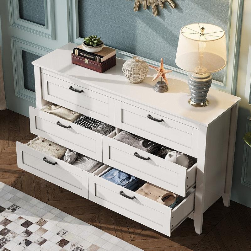 Beyaz Masif Ayaklı 6 Çekmeceli Modern Şifonyer - 138x82 cm - 122602