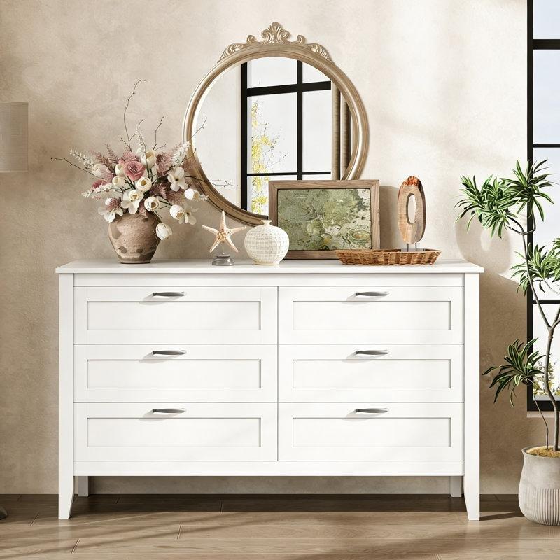 Beyaz Masif Ayaklı 6 Çekmeceli Modern Şifonyer - 138x82 cm - 122602