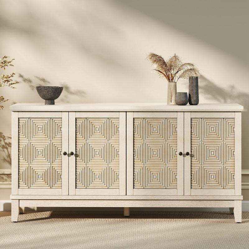 Beyaz Masif Ayaklı Geometrik Desenli Bohem Konsol - 160x40x80 cm - 128962