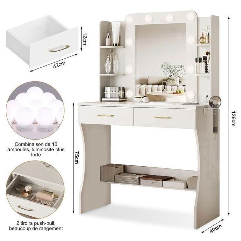 Beyaz Masif Ayaklı LED Işıklı Priz ve USB Çıkışlı Tabureli Makyaj Masası - 85x40x136 cm - 122401
