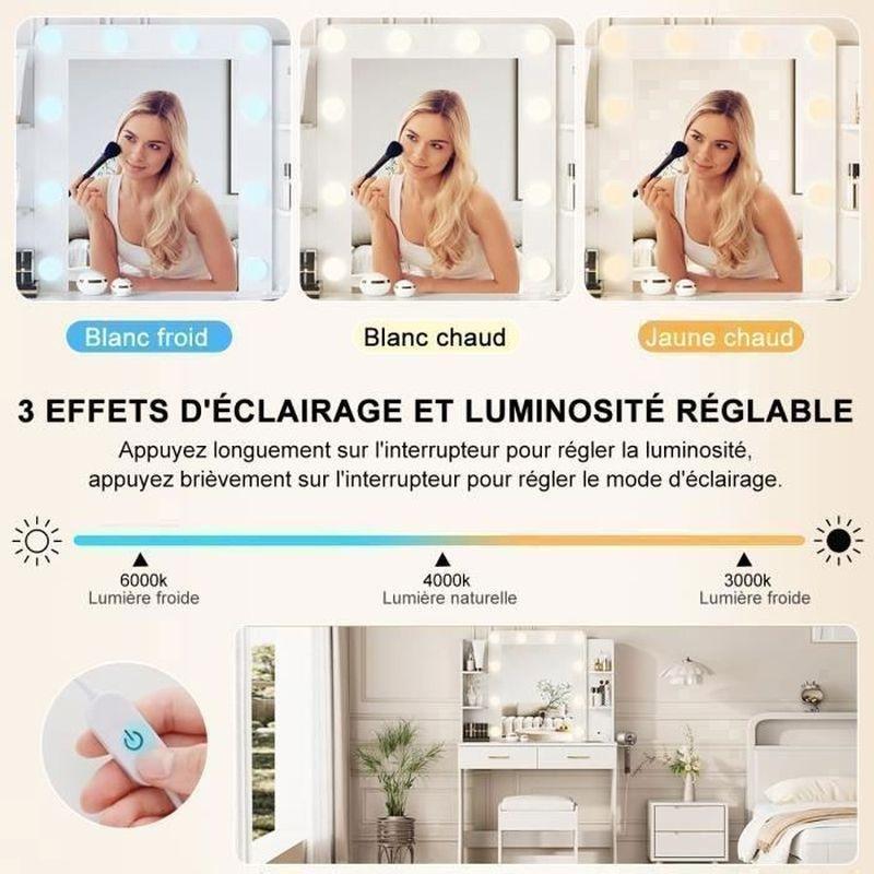Beyaz Masif Ayaklı LED Işıklı Priz ve USB Çıkışlı Tabureli Makyaj Masası - 85x40x136 cm - 122401