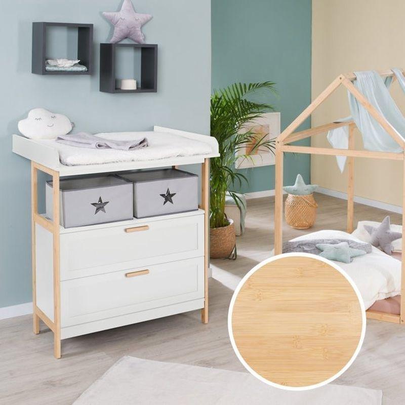 Beyaz Masif Bambu Detaylı 2 Çekmeceli Kumaş Kutulu Alt Değiştirme Üniteli Bebek Odası Şifonyer - 87x75x100 cm - 123609