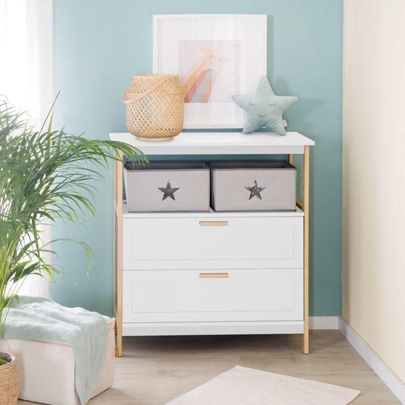 Beyaz Masif Bambu Detaylı 2 Çekmeceli Kumaş Kutulu Alt Değiştirme Üniteli Bebek Odası Şifonyer - 87x75x100 cm - 123609