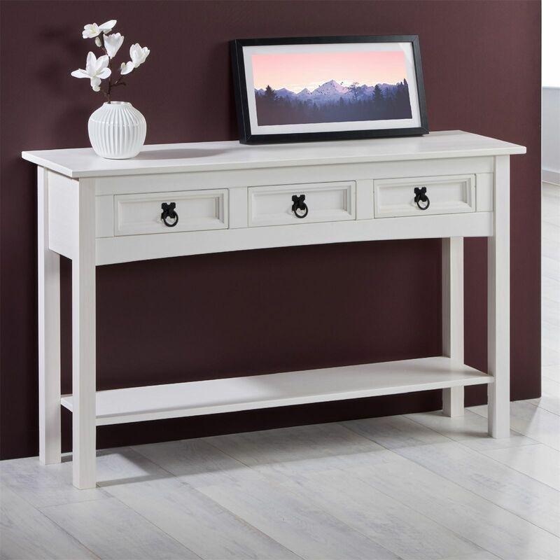 Beyaz Masif Çam 3 Çekmeceli Siyah Metal Kulplu Country Dresuar - 126x35x73 cm - 133800