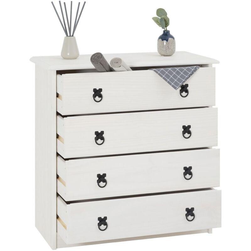 Beyaz Masif Çam 4 Çekmeceli Siyah Halka Kulplu Rustik Şifonyer - 71x34x72 cm - 123426