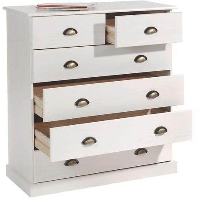 Beyaz Masif Çam 6 Çekmeceli Metal Kulplu Şifonyer - 91x39x95 cm - 123146