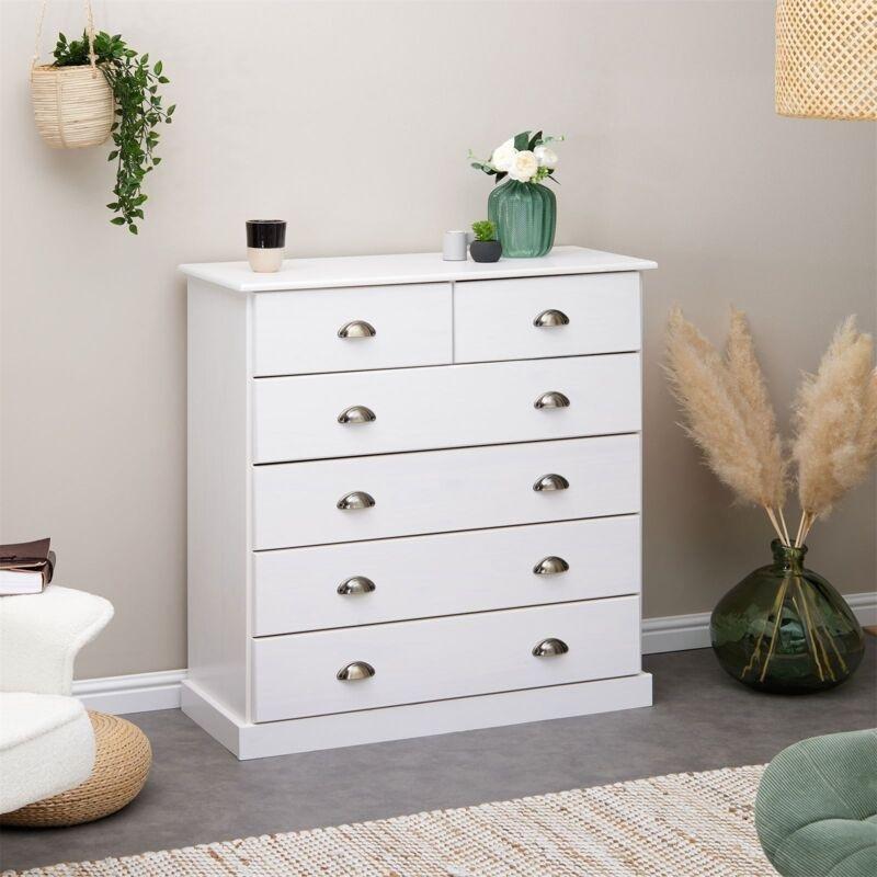 Beyaz Masif Çam 6 Çekmeceli Metal Kulplu Şifonyer - 91x39x95 cm - 123146