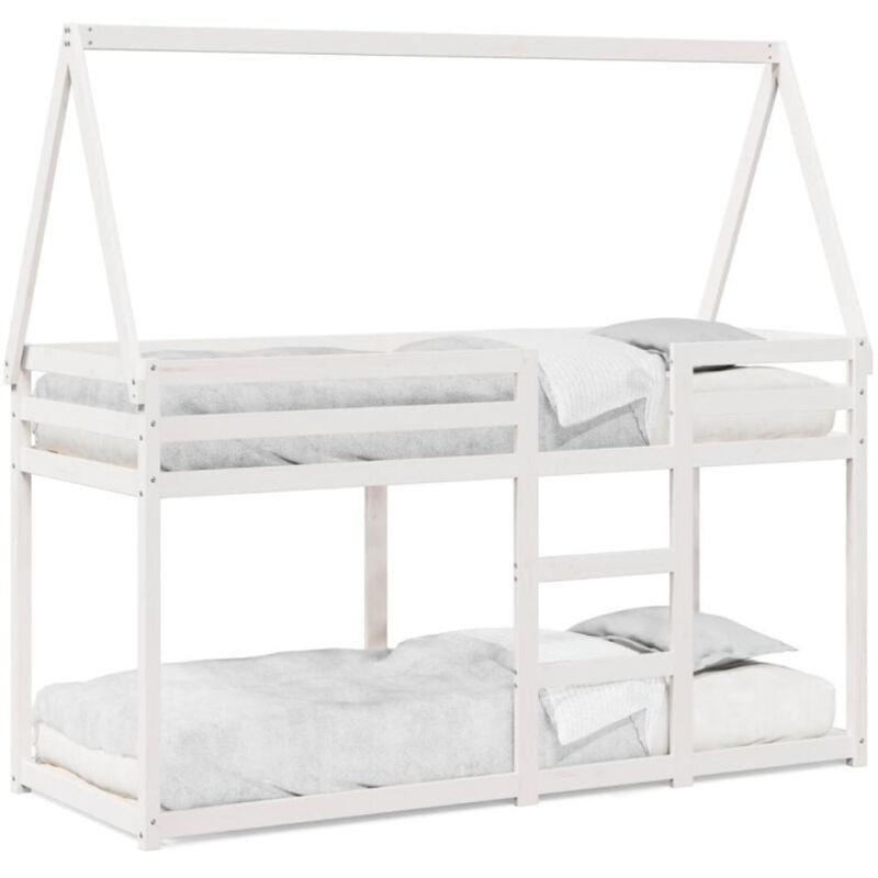 Beyaz Masif Çam Ağacı Çatılı Ev Tasarımlı Montessori Ranza - 90x190 cm - 125248