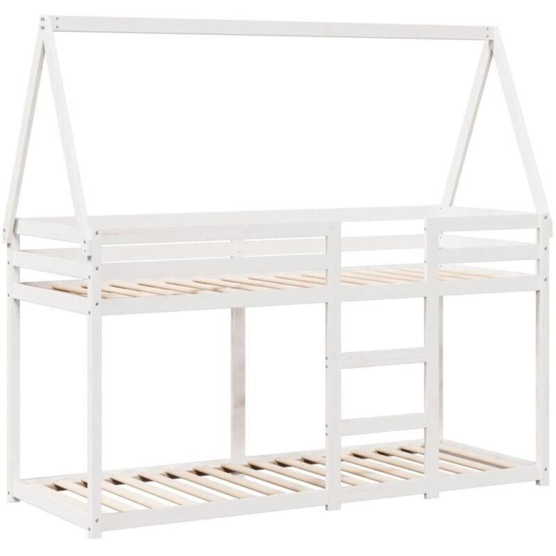 Beyaz Masif Çam Ağacı Çatılı Ev Tasarımlı Montessori Ranza - 90x190 cm - 125248