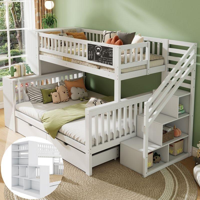 Beyaz Masif Çam Ağacı Çekmeceli ve Depolama Merdivenli Ranza - 90x200 cm ve 140x200 cm - 125581