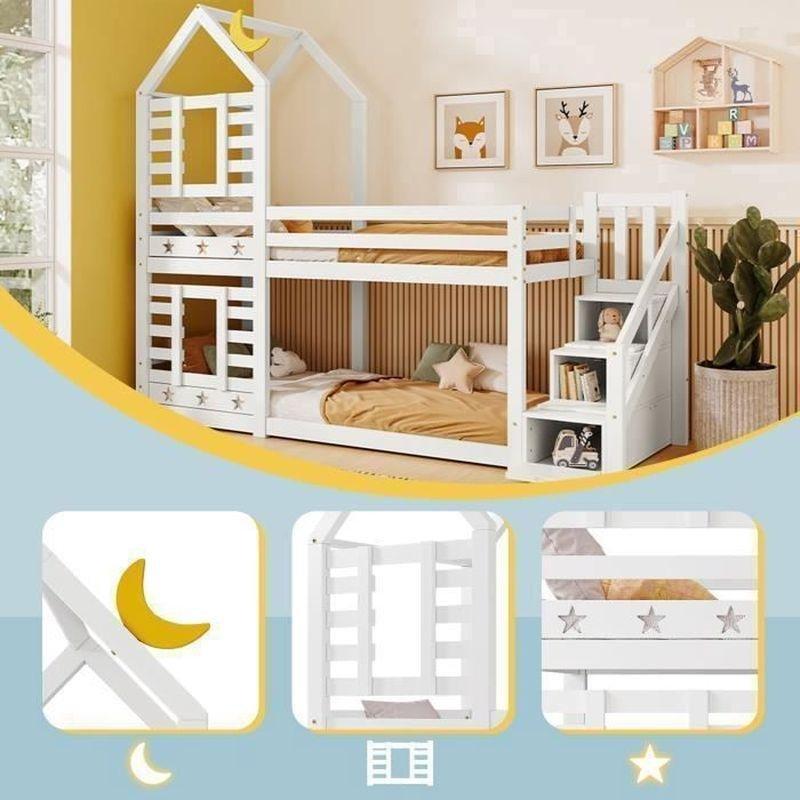 Beyaz Masif Çam Ağacı Ev Tasarımlı Depolamalı Merdivenli ve Çekmeceli Ranza - 90x200 cm - 125536