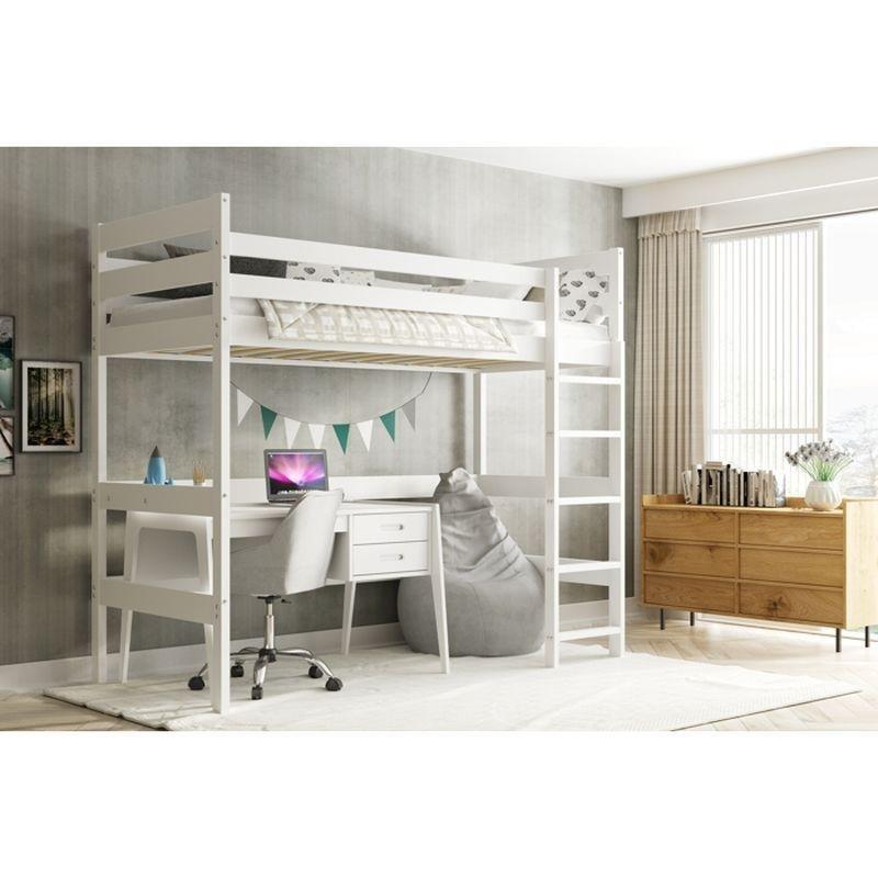 Beyaz Masif Çam Ağacı Güvenlik Bariyerli ve Merdivenli Altı Boş Ranza - 90x200 cm - 125851