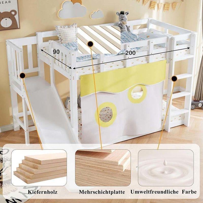 Beyaz Masif Çam Ağacı Kaydıraklı ve Merdivenli Oyun Alanlı Ranza - 90x200 cm - 125473