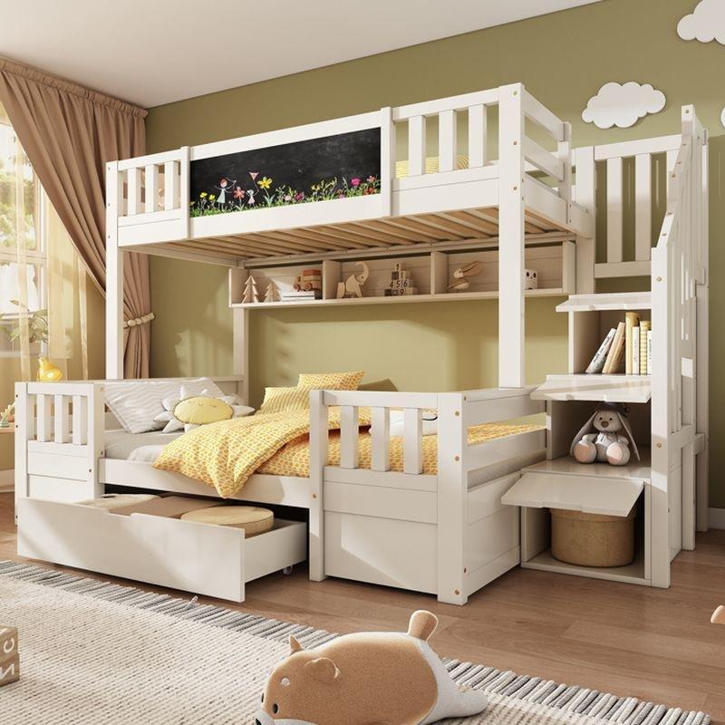 Beyaz Masif Çam Ağacı Yazı Tahtalı Depolamalı Merdivenli ve Çekmeceli Ranza - 90x200 ve 140x200 cm - 125650