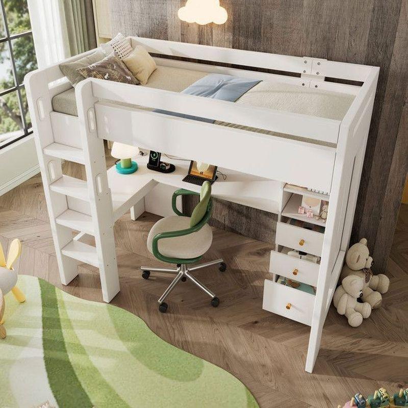 Beyaz Masif Çam Ahşap Çalışma Masalı Raflı ve USB Girişli Ranza - 90x200 cm - 125866