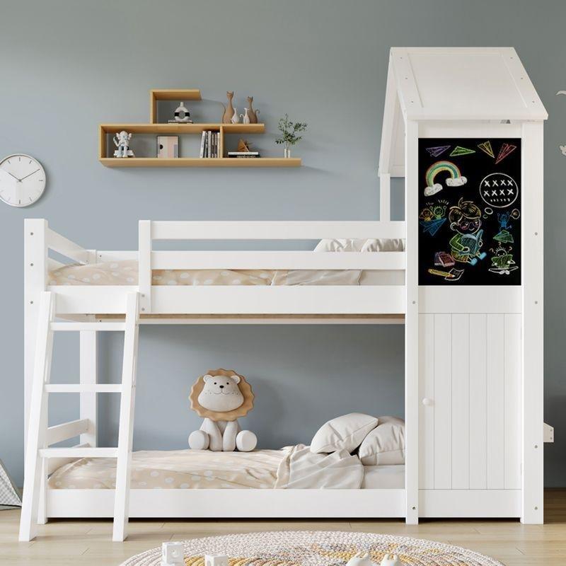 Beyaz Masif Çam Ahşap Ev Konseptli Yazı Tahtalı Ranza - 90x200 cm - 125560