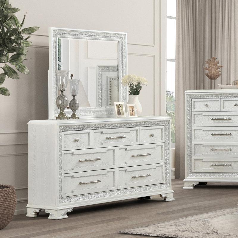 Beyaz Masif Çam Ahşap Gümüş Detaylı 7 Çekmeceli Aynalı Şifonyer - 169x50x205 cm - 123903