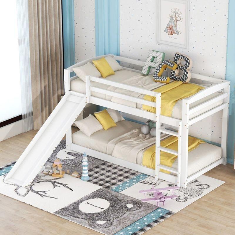 Beyaz Masif Çam Ahşap Kaydıraklı ve Merdivenli Çocuk Ranza - 90x200 cm - 125545