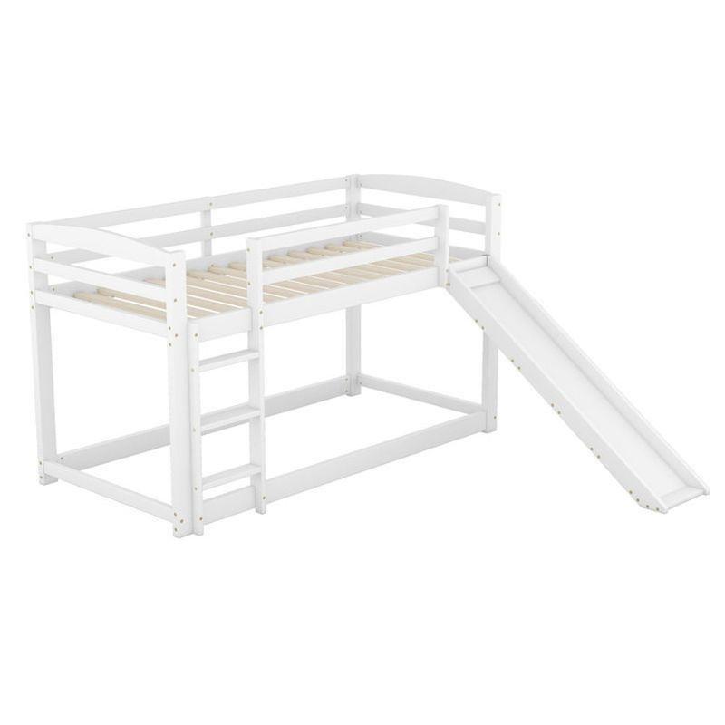 Beyaz Masif Çam Ahşap Kaydıraklı ve Merdivenli Çocuk Ranza - 90x200 cm - 125545