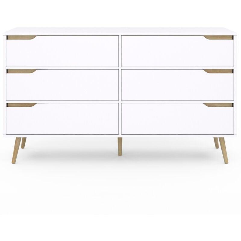 Beyaz Masif Çam Ayaklı 6 Çekmeceli İskandinav Şifonyer - 140x40x80 cm - 123514