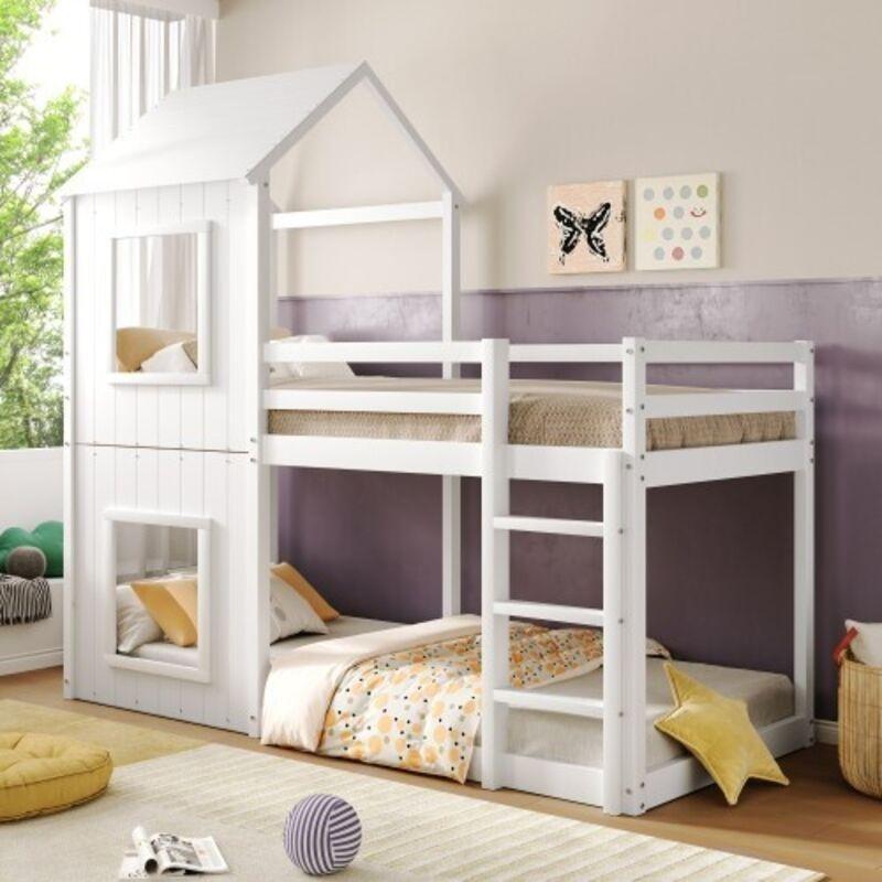 Beyaz Masif Çam Çatılı ve Pencereli Ev Tasarımlı Ranza - 90x200 cm - 125089