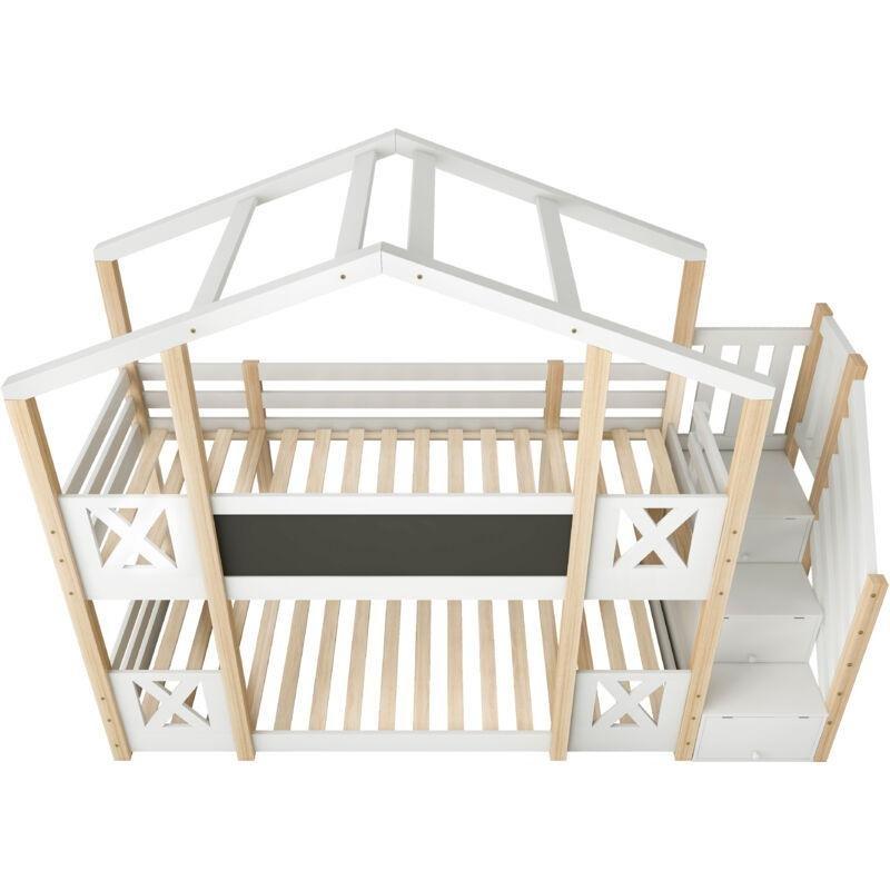 Beyaz Masif Çam Ev Tasarımlı Çekmece Merdivenli ve Yazı Tahtalı Ranza - 90x200 cm - 125099