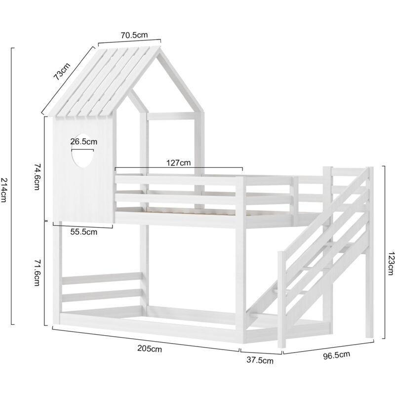 Beyaz Masif Çam Ev Tasarımlı Merdivenli Ranza - 90x200 cm - 125082