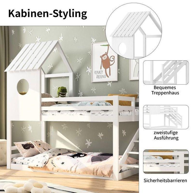 Beyaz Masif Çam Ev Tasarımlı Merdivenli Ranza - 90x200 cm - 125494