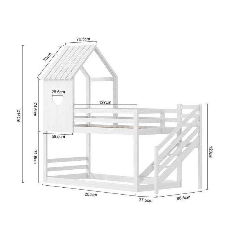 Beyaz Masif Çam Ev Tasarımlı Merdivenli Ranza - 90x200 cm - 125695