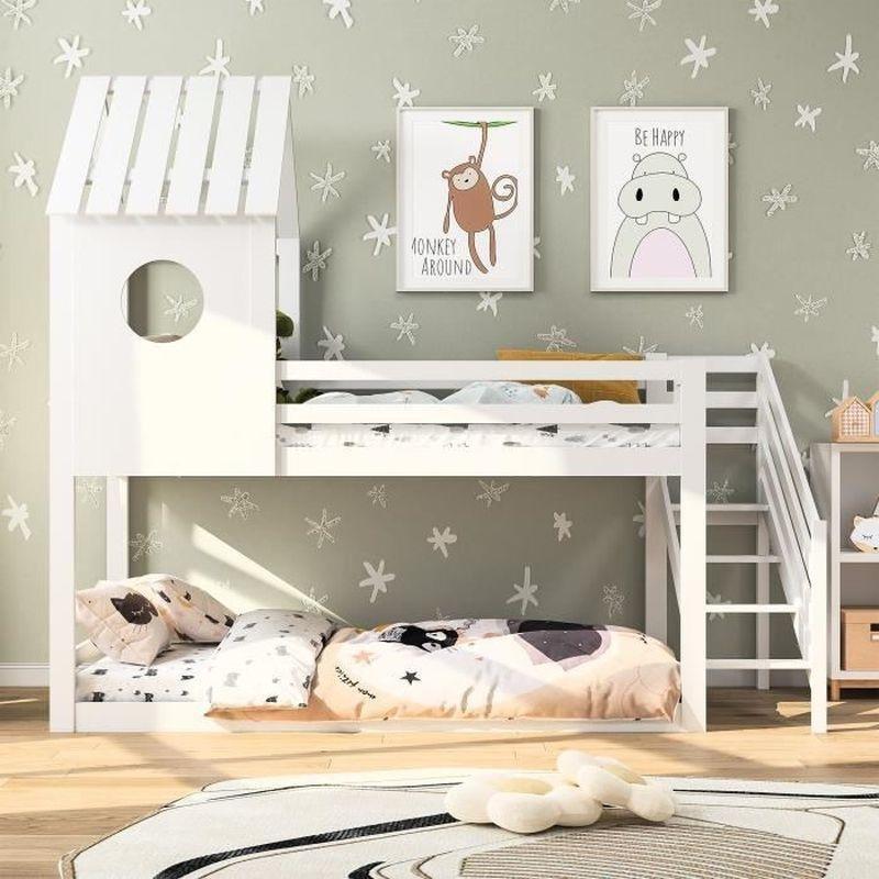 Beyaz Masif Çam Ev Tasarımlı Merdivenli Ranza - 90x200 cm - 125695