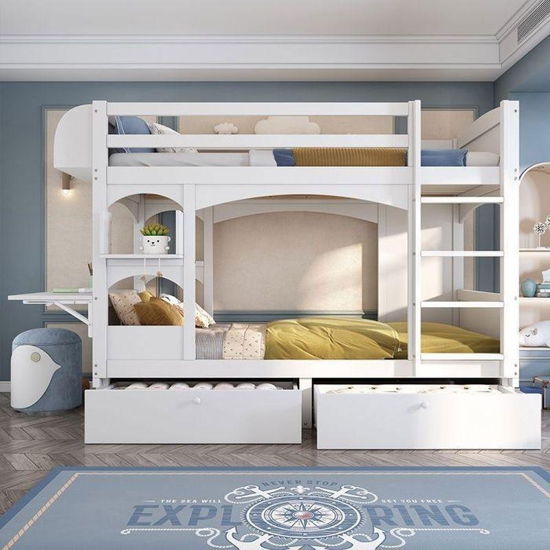 Beyaz Masif Çam Katlanır Çalışma Masalı ve Çekmeceli Fonksiyonel Ranza - 90x200 cm - 125578