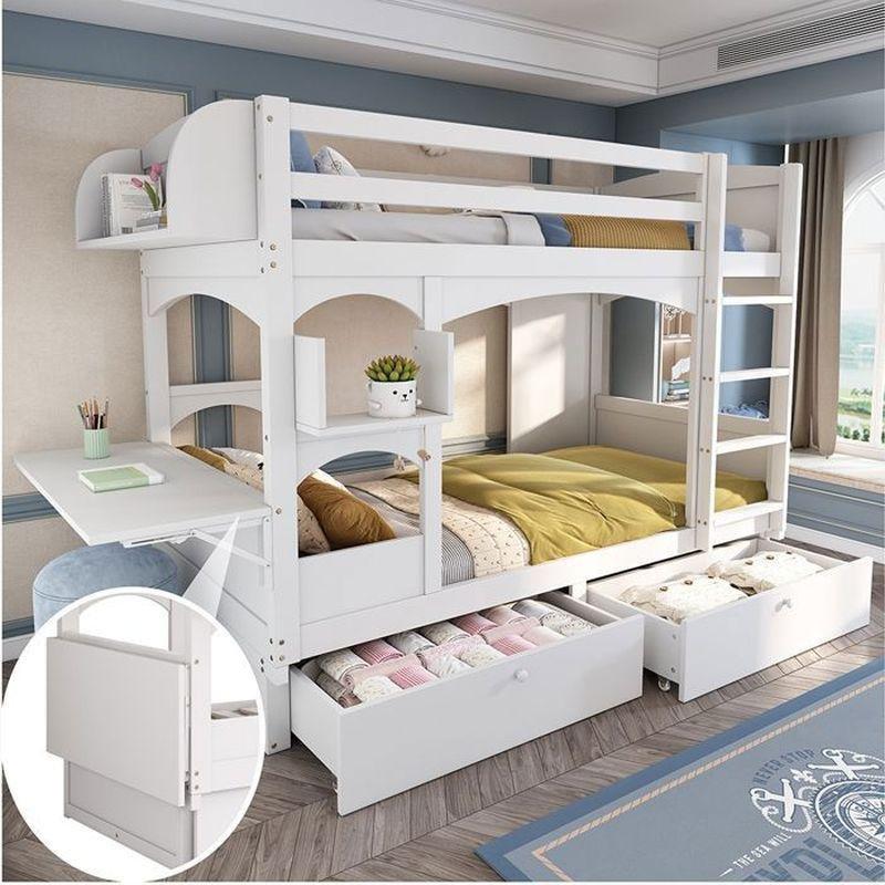 Beyaz Masif Çam Katlanır Çalışma Masalı ve Çekmeceli Fonksiyonel Ranza - 90x200 cm - 125578