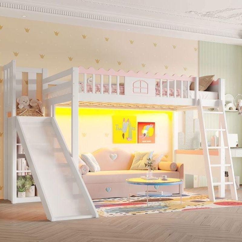 Beyaz Masif Çam Kaydıraklı LED Aydınlatmalı ve Raflı Altı Boş Ranza - 90x200 cm - 125698
