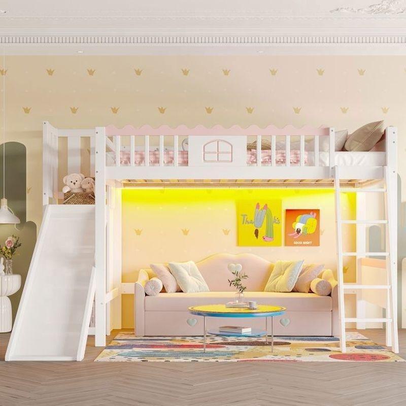 Beyaz Masif Çam Kaydıraklı LED Aydınlatmalı ve Raflı Altı Boş Ranza - 90x200 cm - 125698