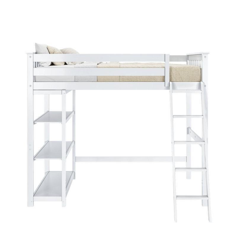 Beyaz Masif Çam Kitaplıklı Merdivenli Altı Boş Ranza - 207x174 cm - 124719
