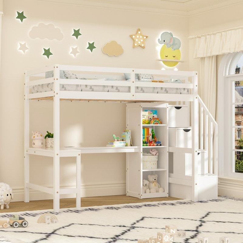 Beyaz Masif Çam L Çalışma Masalı LED Işıklı Şarj İstasyonlu ve Merdivenli Ranza - 240x172 cm - 124368