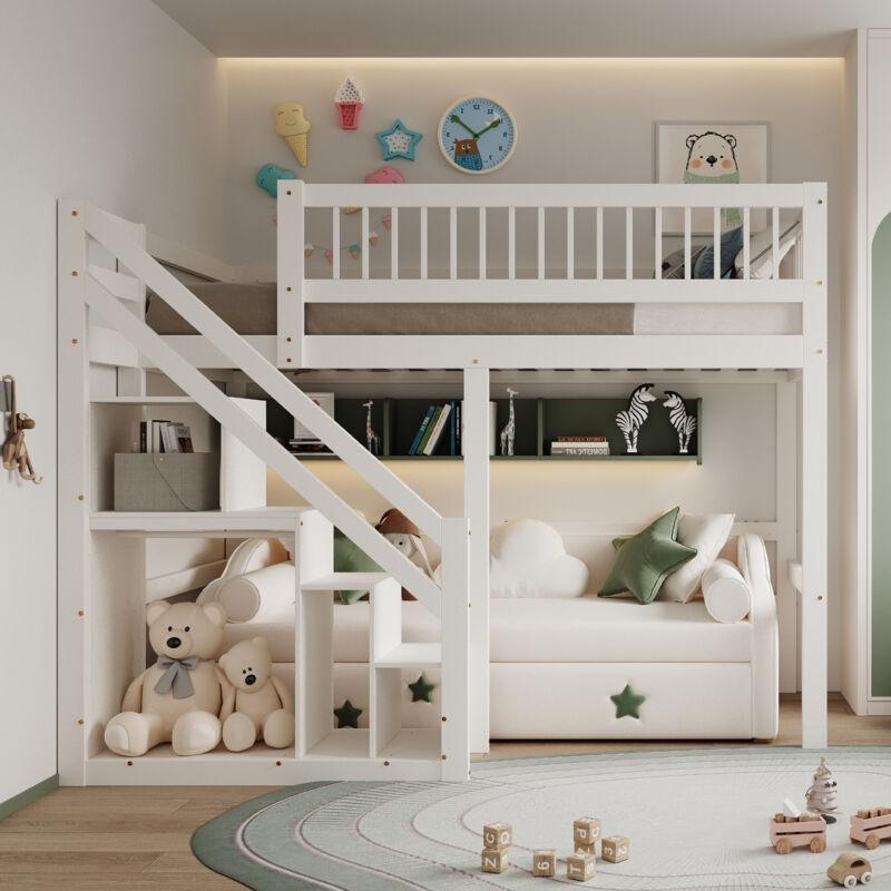 Beyaz Masif Çam Merdivenli ve Depolama Raflı Altı Boş Ranza - 90x200 cm - 125116