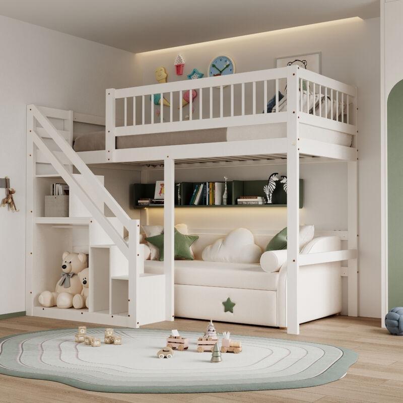 Beyaz Masif Çam Merdivenli ve Depolama Raflı Altı Boş Ranza - 90x200 cm - 125116