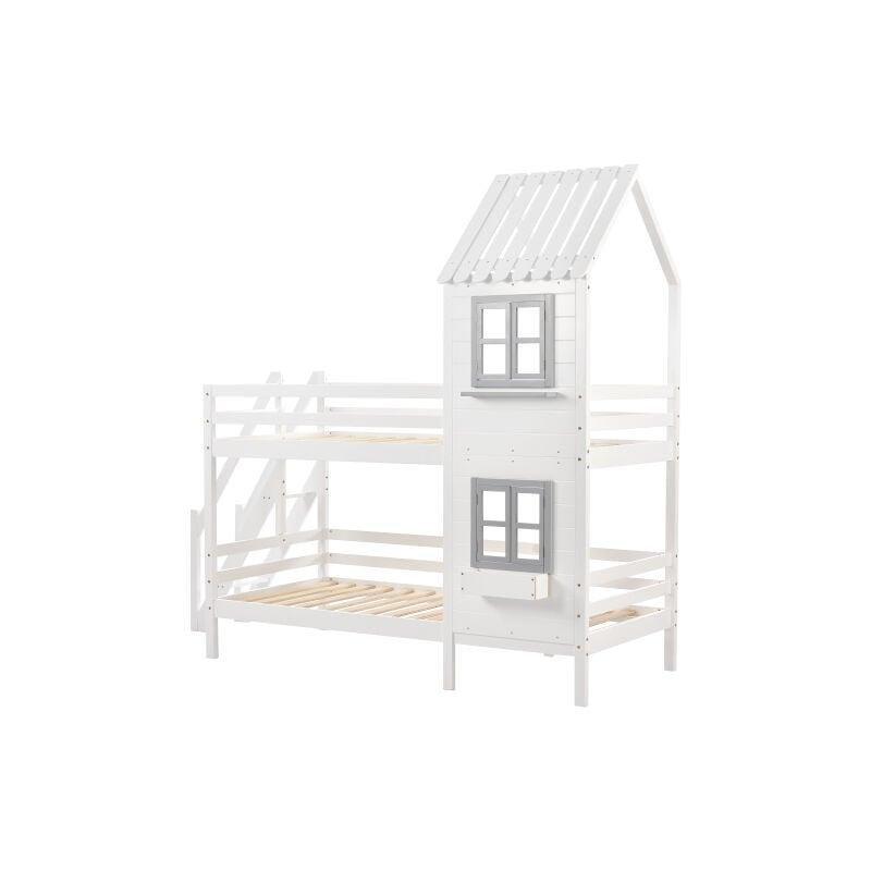 Beyaz Masif Çam Pencereli ve Merdivenli Ev Tipi Ranza - 90x200 cm - 125092