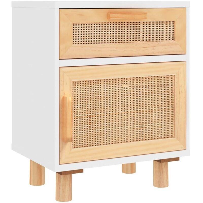 Beyaz Masif Çam ve Doğal Rattan Çekmeceli Komodin - 40x30x50 cm - 127637