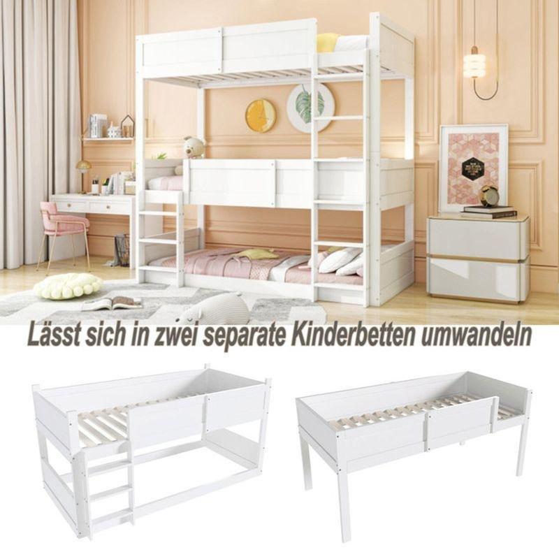 Beyaz Masif Çam ve MDF Ayrılabilir Üç Kişilik Merdivenli Ranza - 90x200 cm - 125452