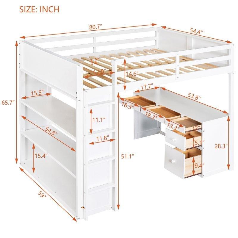 Beyaz Masif Çam ve MDF Çalışma Masalı 5 Çekmeceli Kitaplıklı Ranza - 150x205 cm - 124371