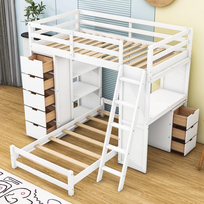 Beyaz Masif Çam ve MDF Çalışma Masalı Çekmeceli LED Işıklı L Tipi Ranza - 191x201 cm - 124455