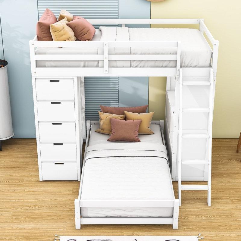 Beyaz Masif Çam ve MDF Çalışma Masalı Çekmeceli LED Işıklı L Tipi Ranza - 191x201 cm - 124455