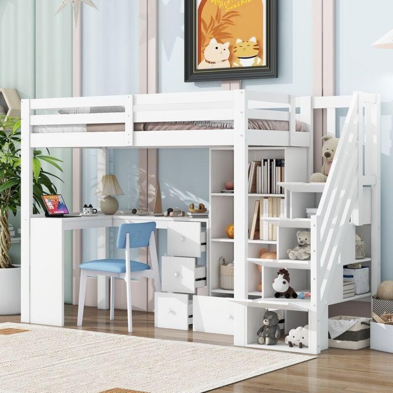 Beyaz Masif Çam ve MDF Çalışma Masalı Depolamalı Merdivenli Ranza - 90x200 cm - 124931
